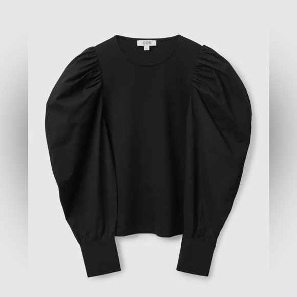 COS women Black Puff Sleeve Cotton Jersey Top Statement minimalist Sleeves in S - Picture 2 of 10